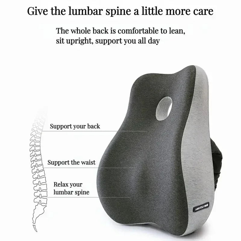 Memory Foam Office Chair & Car Seat Cushion – Orthopedic Lumbar Support Pillow with Coccyx Relief & Massage Back Pad