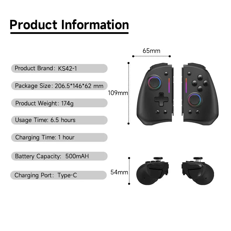 LinYuvo KS42 Meteor Light Wireless Joypad — 8-Color RGB Controller for Switch/Lite/OLED with Programmable Buttons, Turbo & Vibration