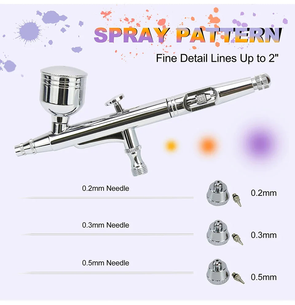 Dual-Action Gravity Airbrush Kit with 0.2/0.3/0.5mm Needles, 7/20/40cc Cups & Cleaning Tools for Makeup, Nail Art, Painting & Car Detailing
