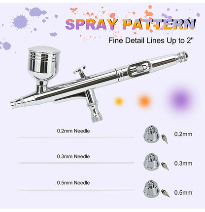 Dual-Action Gravity Airbrush Kit with 0.2/0.3/0.5mm Needles, 7/20/40cc Cups & Cleaning Tools for Makeup, Nail Art, Painting & Car Detailing