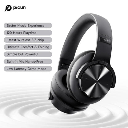 Picun B8 Bluetooth Headphones - 120H Playtime, Wireless Over-Ear Headset, 3EQ Mode, Low Latency, Hands-Free Calls