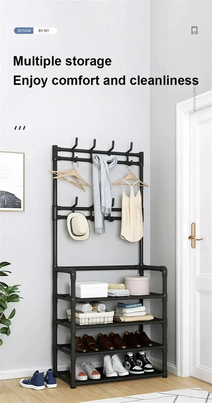 Multi-Layer Clothes Hanger & Shoe Rack – DIY Floor-Standing Hat and Shoes Organizer for Living Room Storage