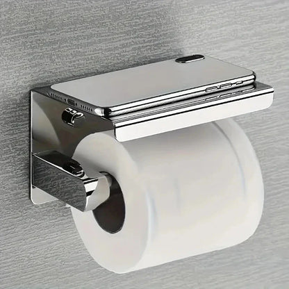 Stainless Steel Bathroom Paper Holder: No-Drill Wall Mount Toilet Roll Holder with Phone Slot - Convenient Home Paper Towel Holder for WC