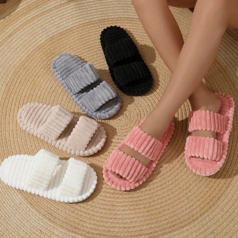 Women’s Corduroy Fuzzy Home Slippers – Lightweight Open Toe Non-Slip Plush Indoor Floor Slides for Autumn & Winter