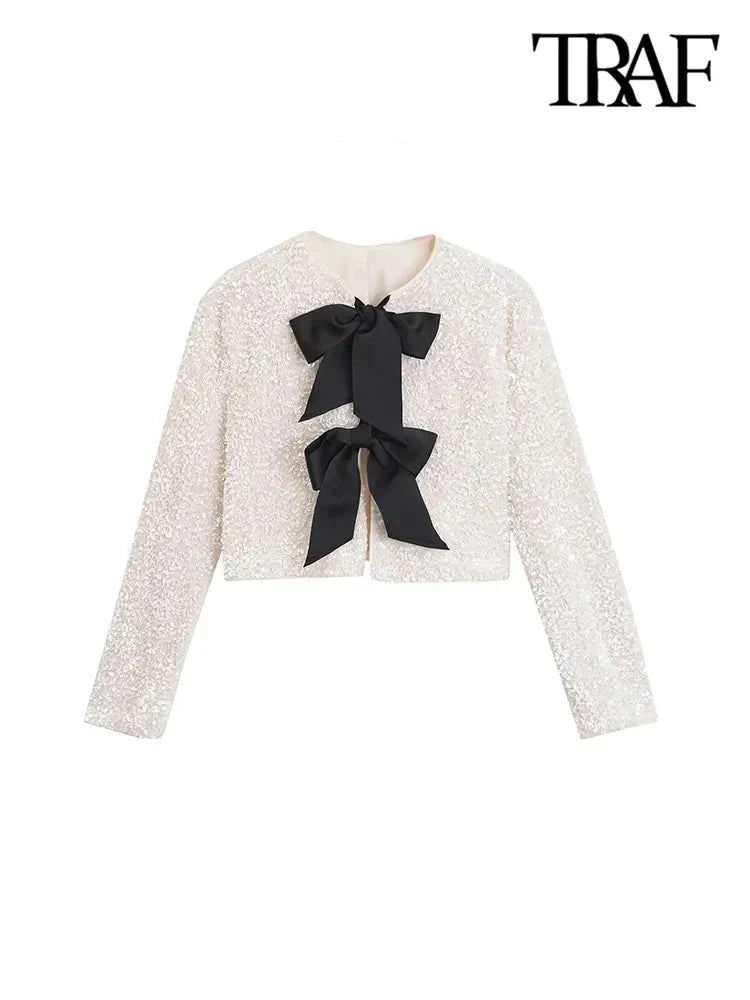 TRAF Women's Sequin Cropped Jacket – Long Sleeve O-Neck Coat with Bow Tie, Chic Outerwear Top