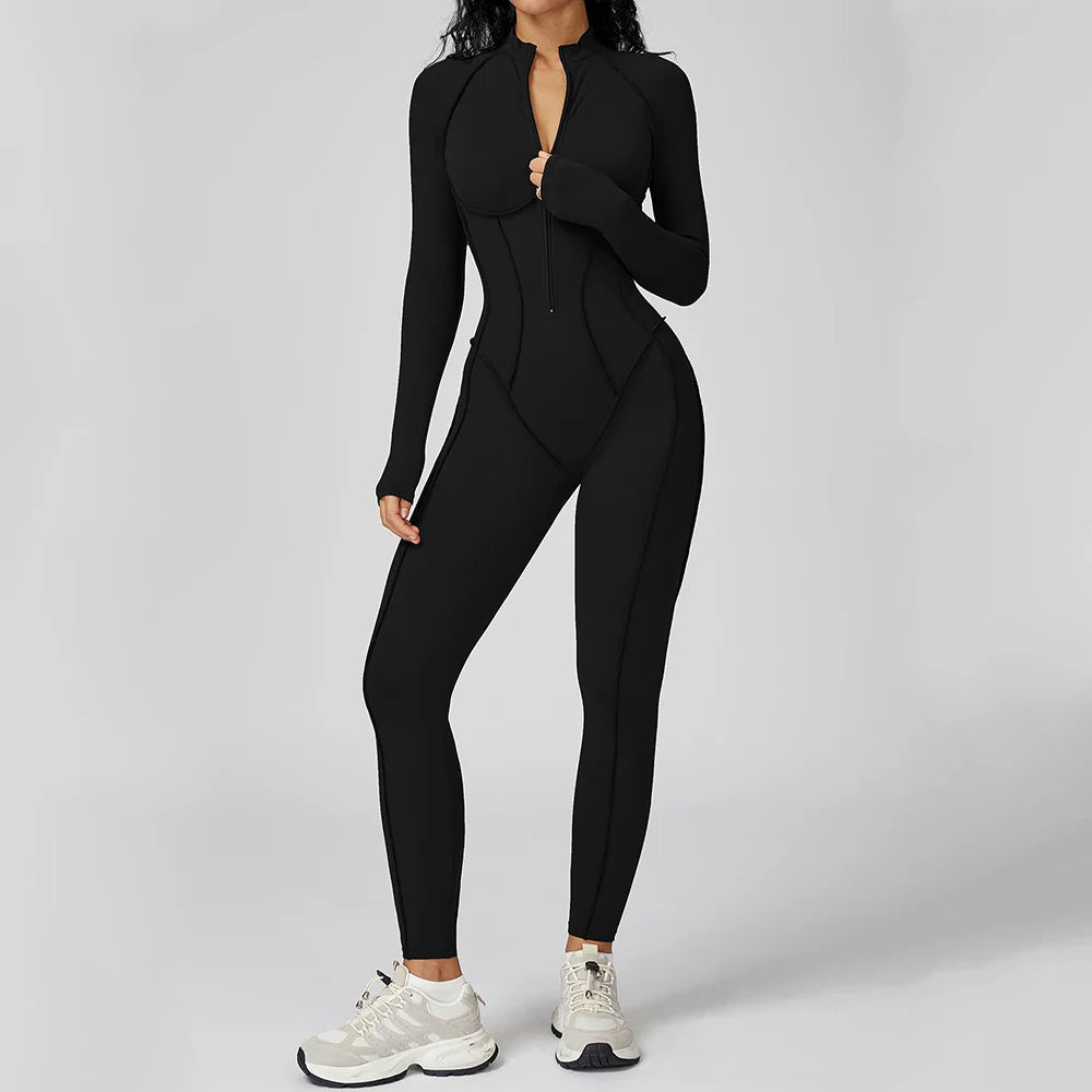 Women’s Long Sleeve Yoga Bodysuit Jumpsuit – Zip-Up Gym Tracksuit One-Piece Fitness Outfit for High-Intensity Workout & Training