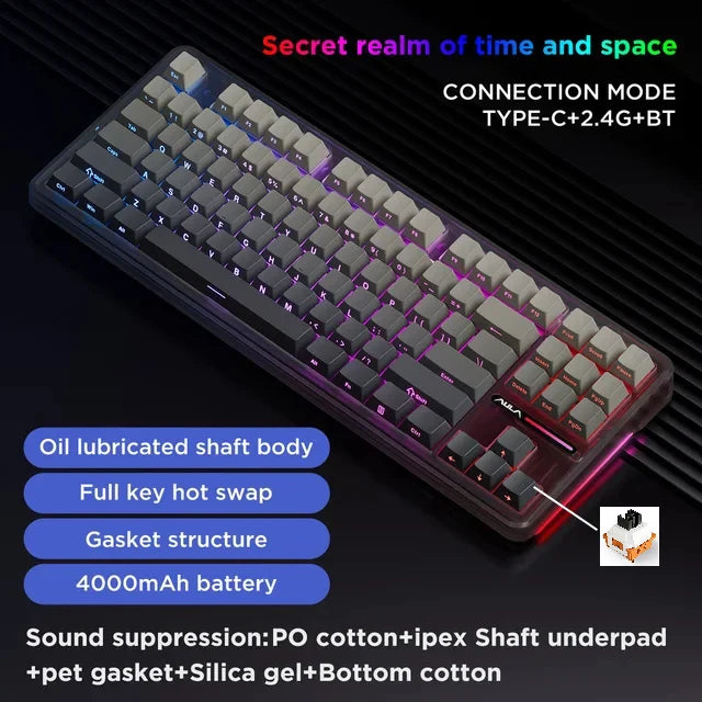 AULA F87 Pro Tri-Mode Mechanical Keyboard – 2.4G/USB/Bluetooth, 87-Key, 5-Layer Silencing, Ideal for Gaming & Typing