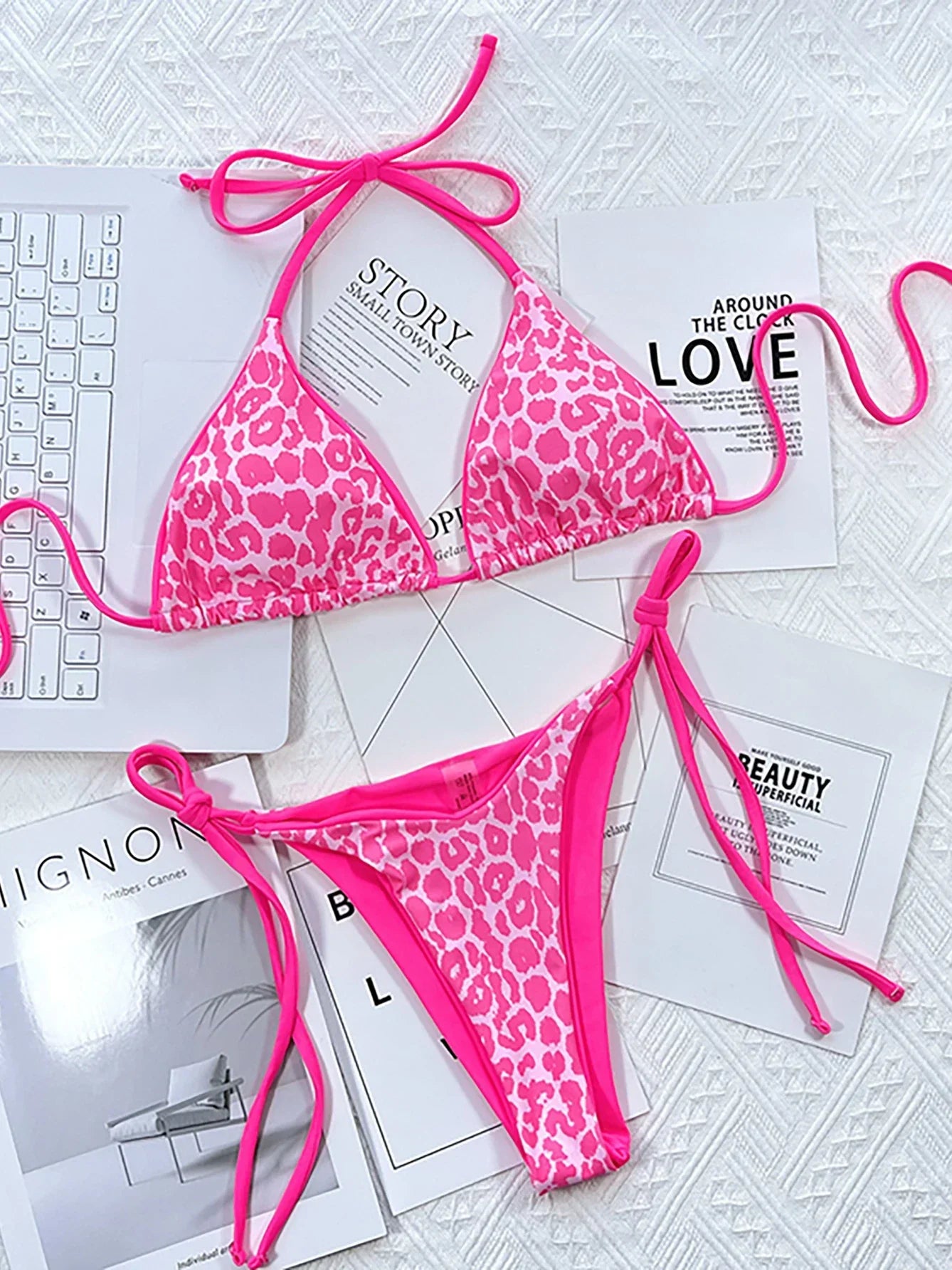 Sexy Leopard Micro Bikini Set - Women's Brazilian Halter Thong Swimsuit Lace Up Beach Swimwear