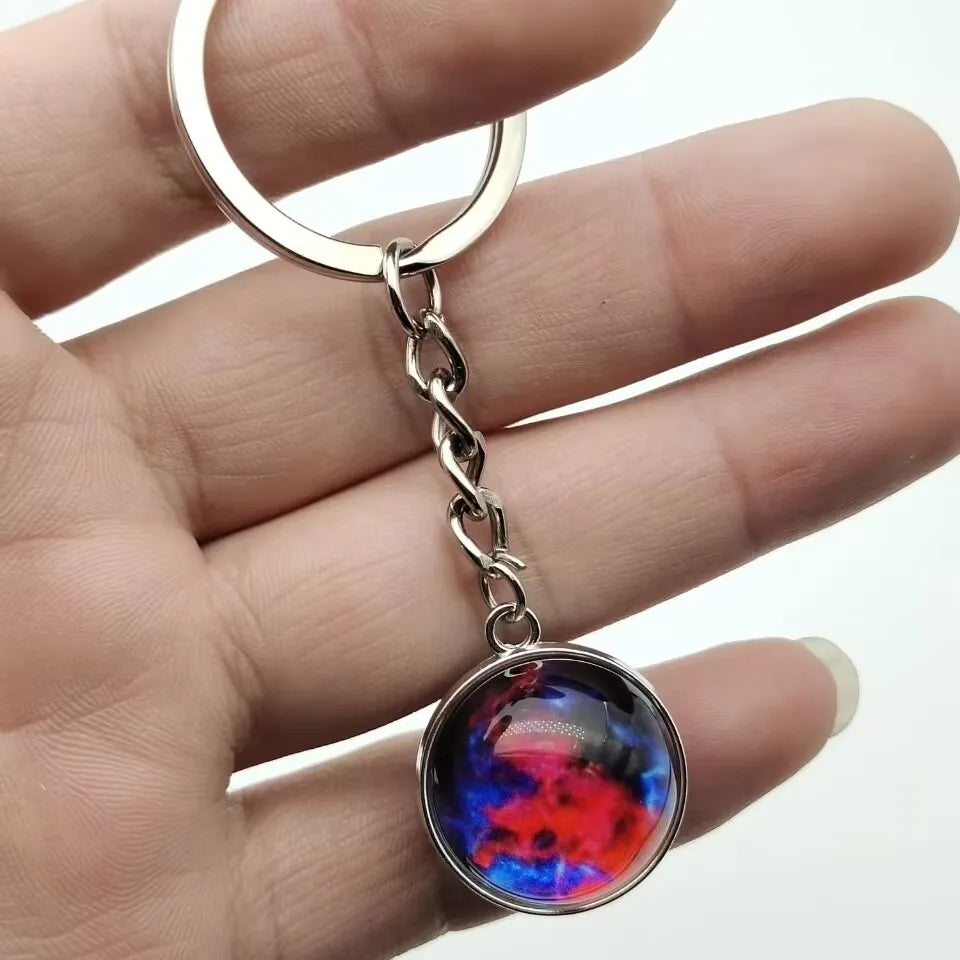 Glow in the Dark Solar System Keychain – Luminous Nebula Planet Key Ring with Moon, Earth, Sun, Double-Sided Glass Ball