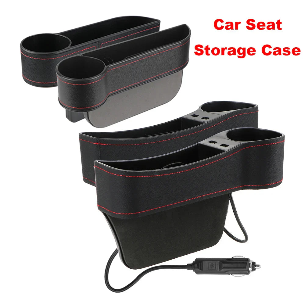 Car Seat Gap Organizer – Leather Auto Crevice Storage Box with Cup & Phone Holder, USB Option