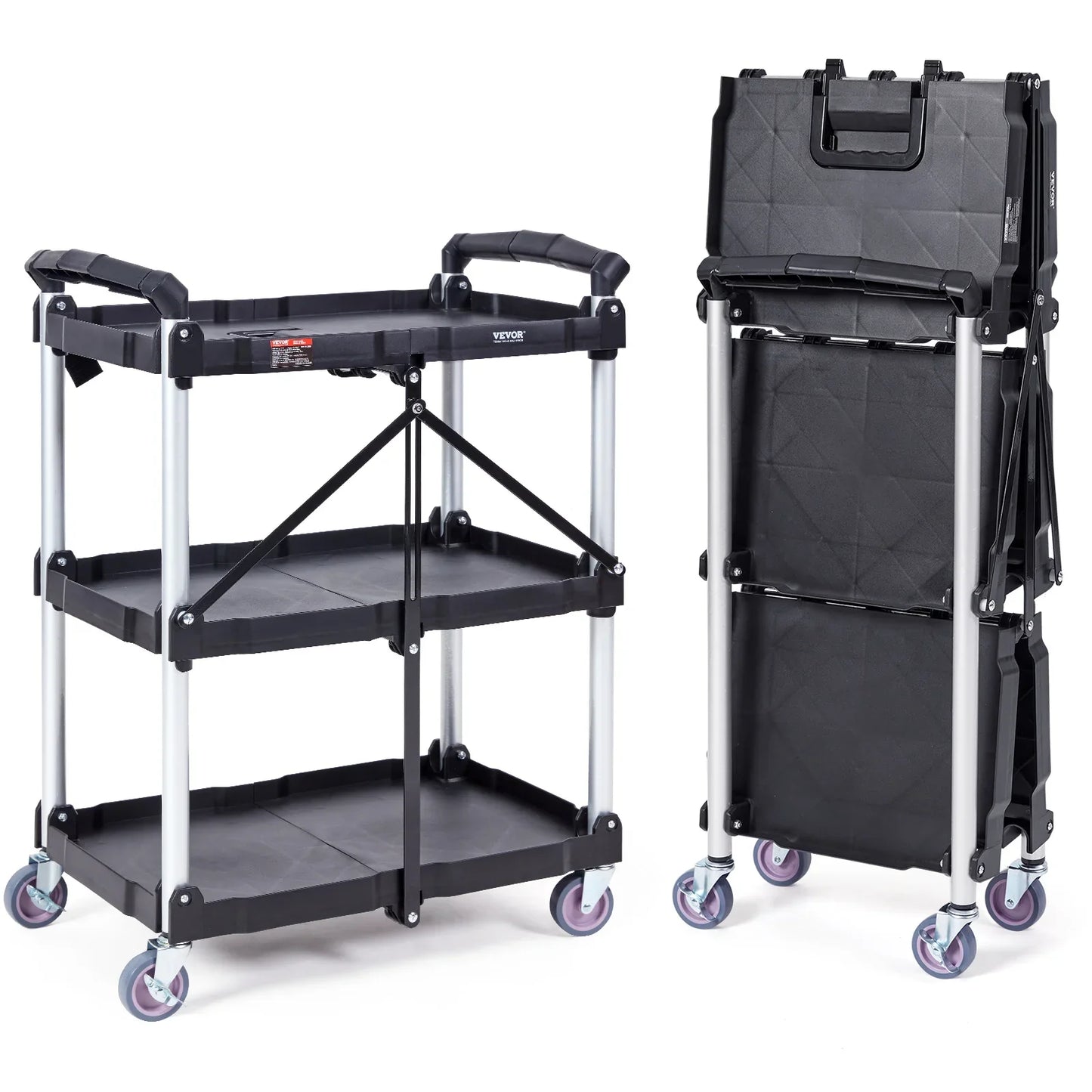 VEVOR 3-Tier Folding Rolling Utility Cart – Slim Storage Shelf & Slide Organizer for Kitchen & Bathroom