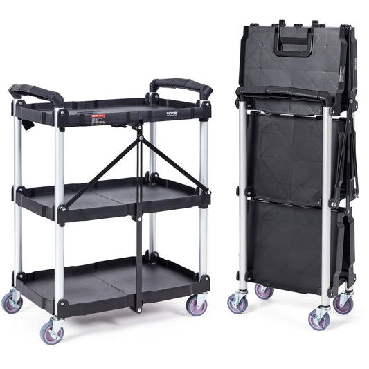 VEVOR 3-Tier Folding Rolling Utility Cart – Slim Storage Shelf & Slide Organizer for Kitchen & Bathroom