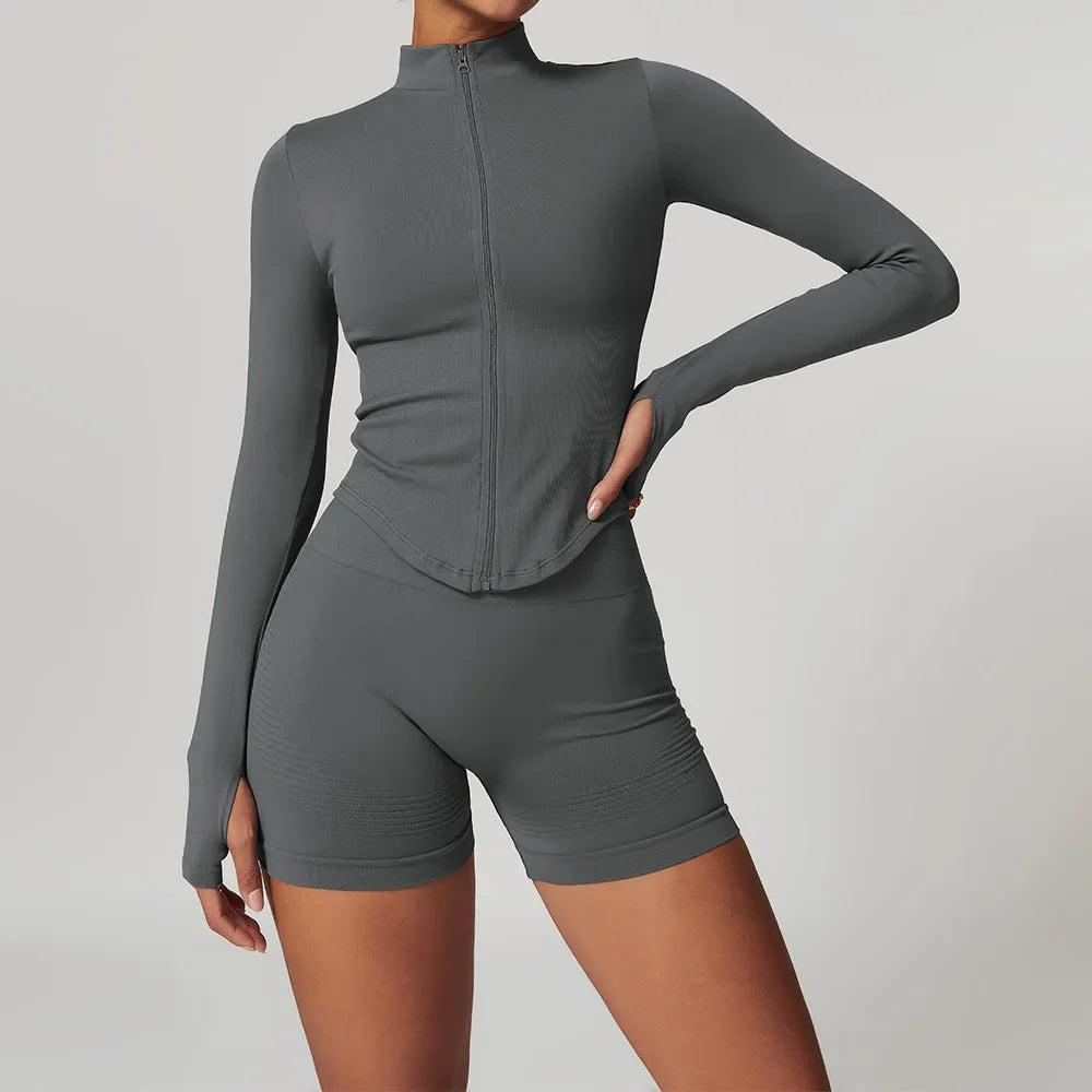 Women’s Seamless 2/3 Piece Yoga Set – Fitness Workout Sportswear with Leggings, Sports Bra & Long Sleeve Gym Outfit