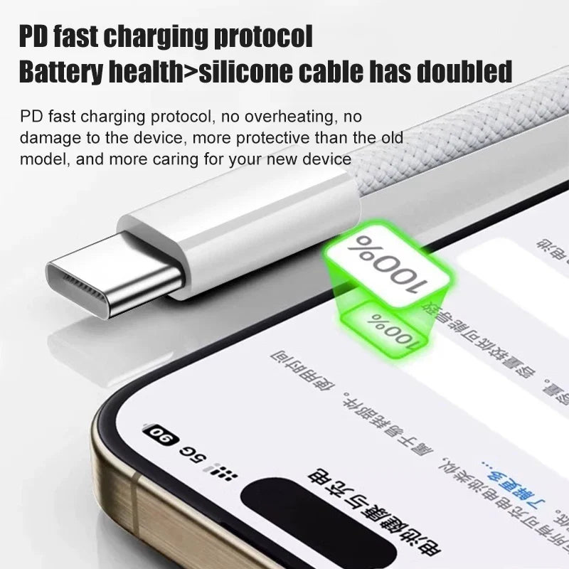 60W USB-C Fast Charging Cable for iPhone 15/16/17 Series – Braided Type-C to USB Data & Power Cable for Pro, Pro Max, Air & Plus Models