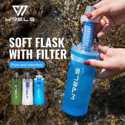 WRELS Soft Water Bottle with Filter - Ultralight Collapsible Hiking & Camping Hydration Flask