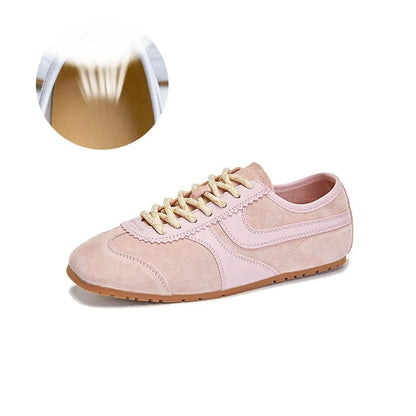 MORAZORA 2025 Women’s Split Leather Sneakers – Lace-Up Fashion Casual Flats in Beige & Pink