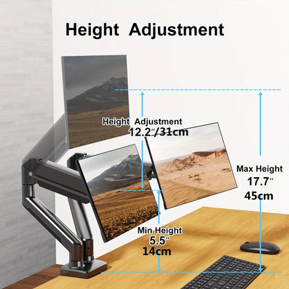 Adjustable Gas Spring Dual Monitor Stand for 13-32 inch Screens - Full Motion Dual Monitor Mount Arm