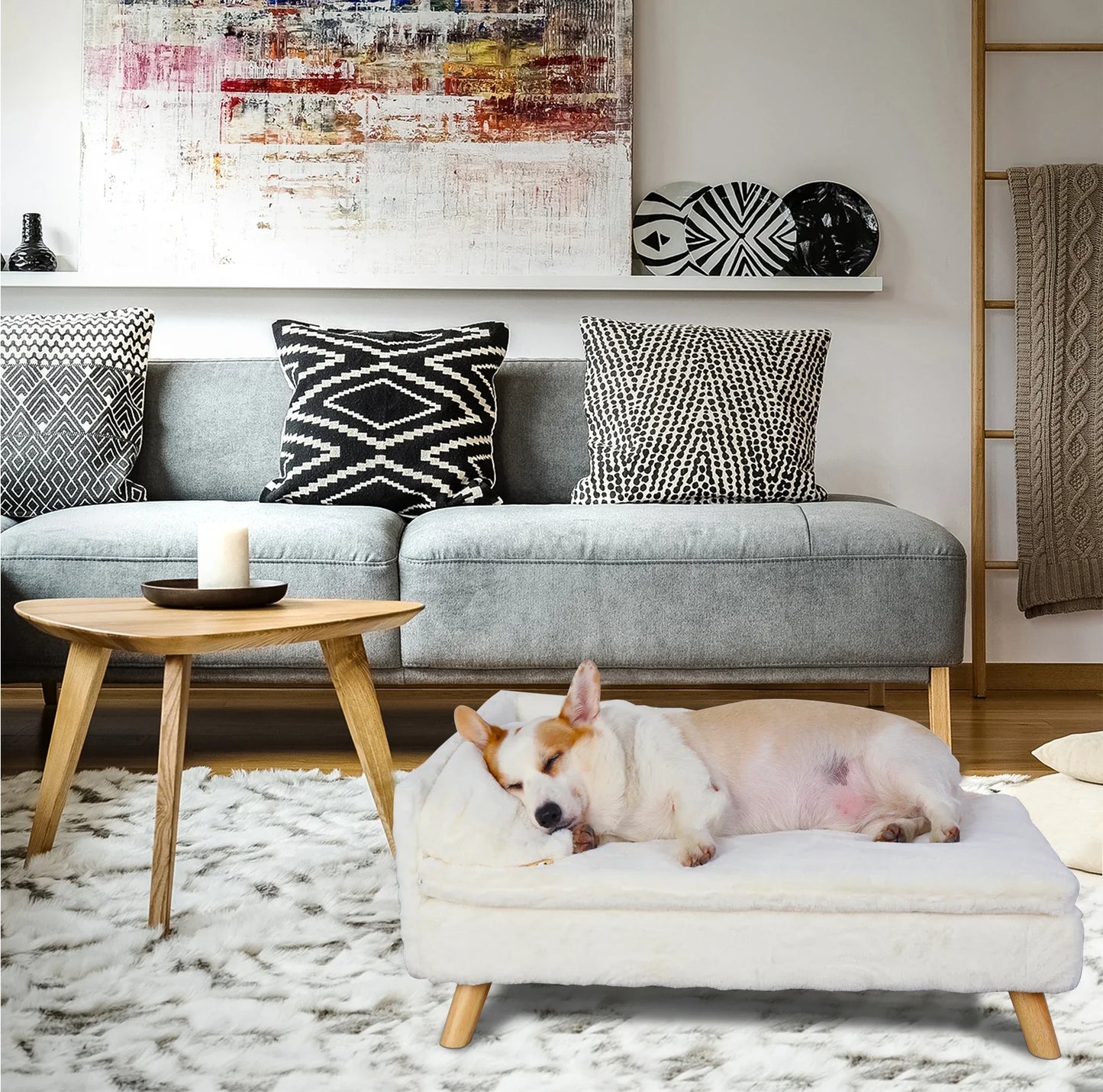Elevated Pet Bed — Nordic Style Stool Bed with Cozy Waterproof Pad & Wooden Legs for Small Dogs & Kittens