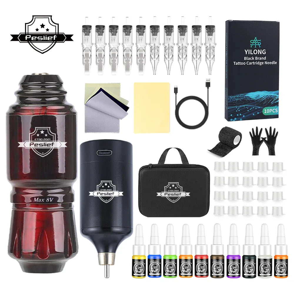 Rotary Wireless Tattoo Machine Kit – Complete Set with 10PCS Cartridge Needles, Permanent Makeup Tool for Tattoo Artists