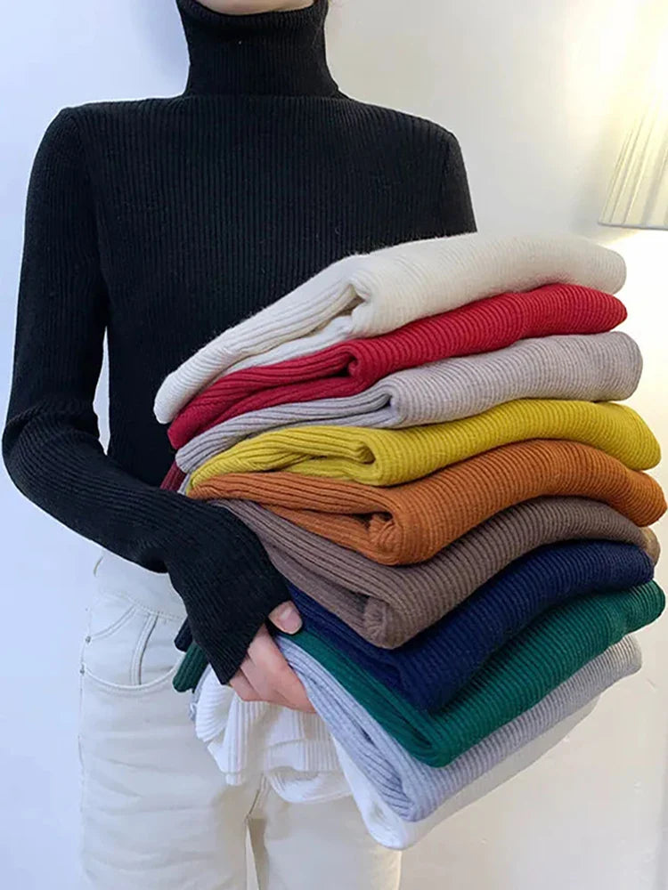 ZOKI New 2023 Women's Turtleneck Pullover Sweater - Slim Fit, Long Sleeve Elastic Jumper, Simple Korean Style Solid Color Top