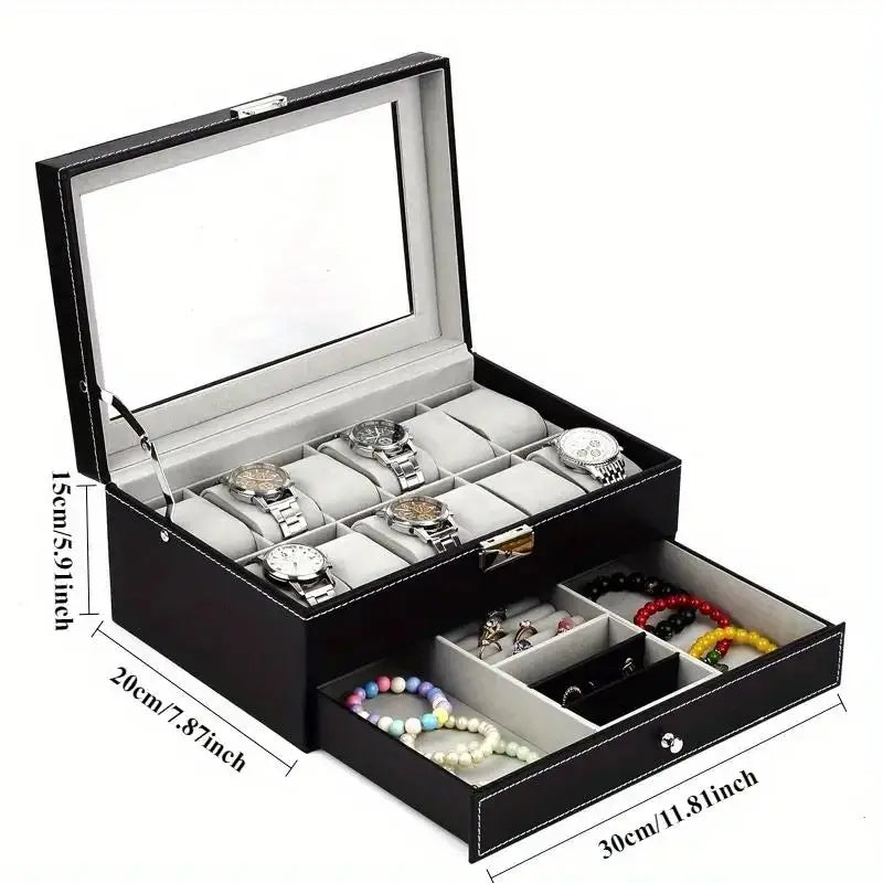 PU Leather Jewelry & Watch Organizer Box — Storage Case for Rings, Earrings, Bracelets, Perfect Gift Casket