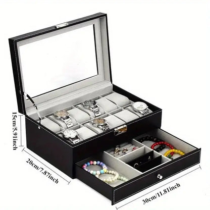 PU Leather Jewelry & Watch Organizer Box — Storage Case for Rings, Earrings, Bracelets, Perfect Gift Casket