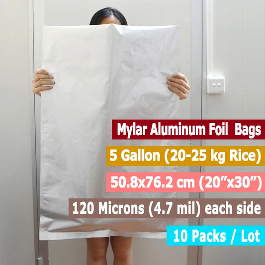 10-Pack 5-Gallon Mylar Bags — Resealable Aluminum Foil Food Storage, Light-Proof & Food-Grade (20"x30")