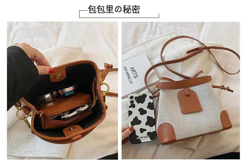 2022 New Korean Style Fashionable Portable Bucket Bag – Trendy Canvas Contrast Texture Messenger Bag