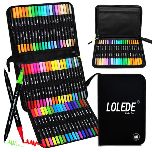 LOLEDE 60-Color Dual-Tip Brush & Fine Marker Set — Double-Ended Art Pens for Drawing, Lettering, Coloring — Gift for School & Office