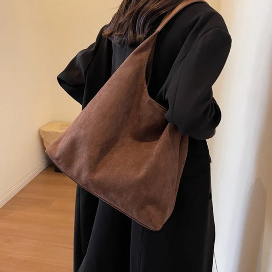 Women’s Vintage Suede Shoulder Bag – Large Capacity Autumn Winter Casual Commuter Handbag Retro Solid Color Tote Bag