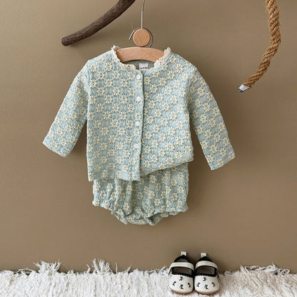 Summer European Style Baby Onesie Set – Floral Embroidery Long Sleeve Top & Shorts, Breathable 2-Piece Outfit