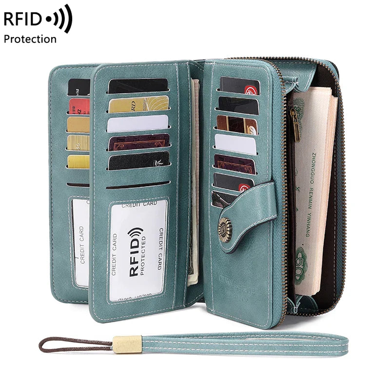 RFID Anti-Theft Retro Large Capacity Women's Wallet – Multi-Card Zipper Wallet with Wrist Strap