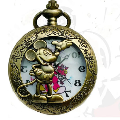 Disney Mickey Mouse Pocket Watch – Vintage Cartoon Quartz Clock with Roman Numerals & Chain Pendant Necklace for Men & Women