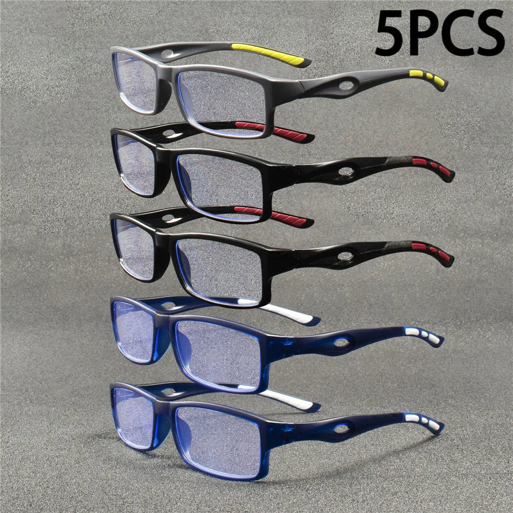5PCS Sport Style Anti-Blue Light Reading Glasses – Rectangular Full Rim Non-Prescription Eyewear with PC Frame
