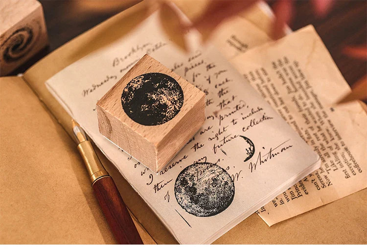 Yoofun 7-Piece Vintage Moon & Plant Wooden Stamps — Rubber Stamps for Scrapbooking, DIY Craft & Stationery