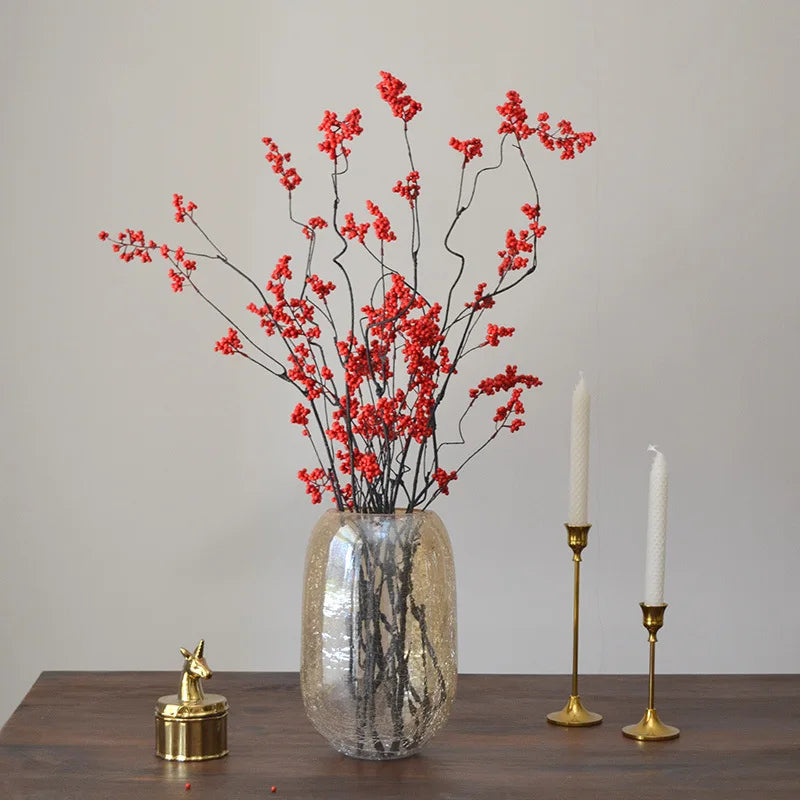 120CM Style Artificial Flower Arrangement – Zen Winter Green & Red Berry Décor for Home, Tea Table Decoration
