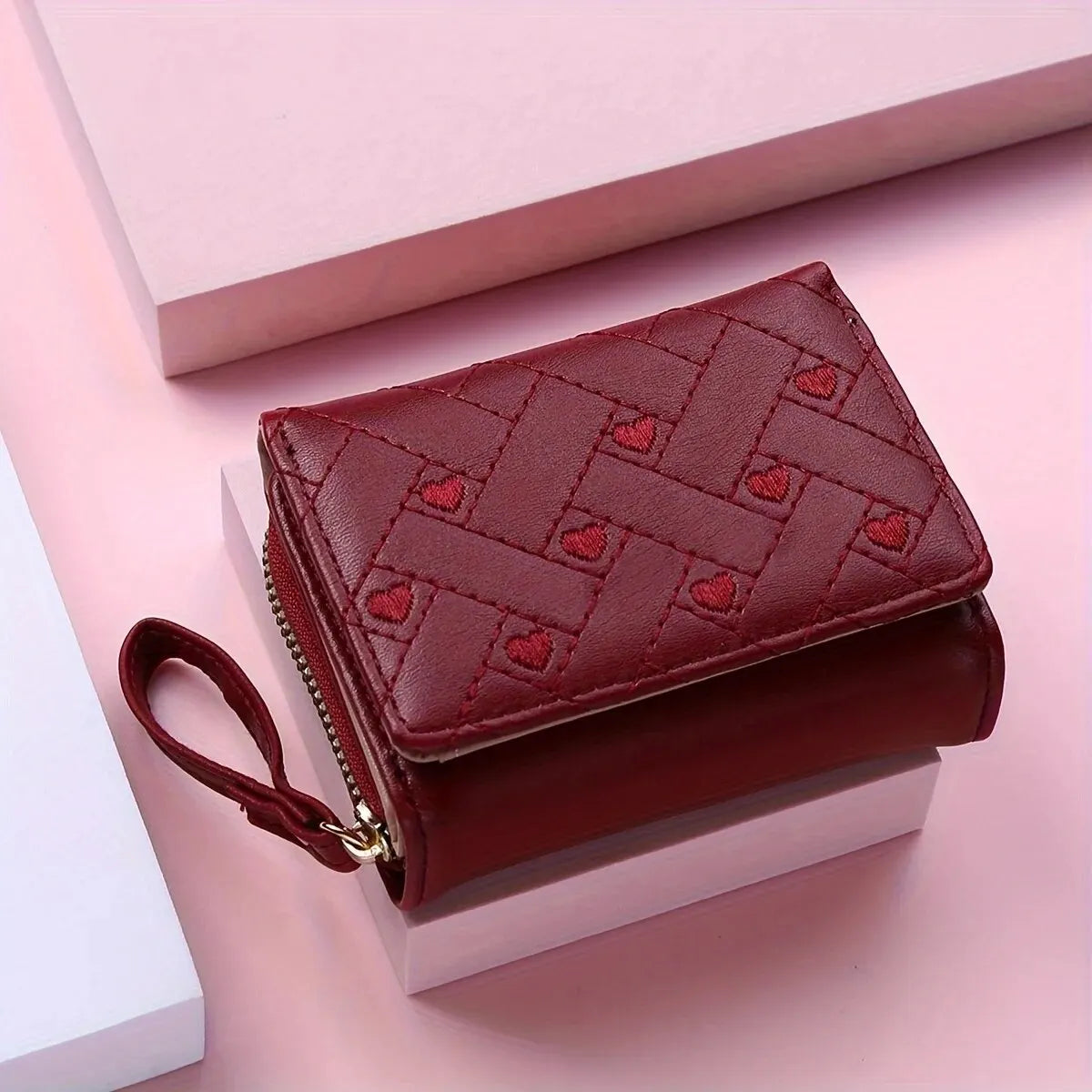 Women's Embroidered Love Zero Wallet - Large Capacity, Zipper and Buckle Closure, Fashionable Card Holder