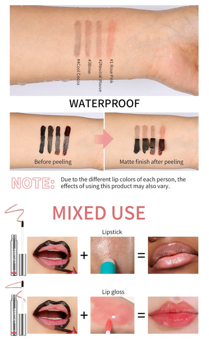 Waterproof Peel-Off Lip Liner & Tattoo Lip Gloss – Long-Lasting Matte Lip Tint & Brown Contour Lip Stain