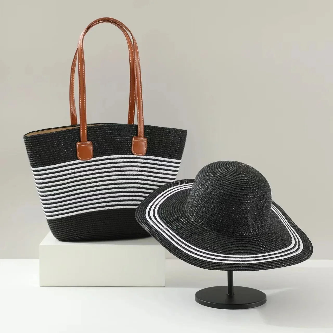 French Style Straw Handbag & Summer Beach Hat Set – Woven Bucket Bag with Fine Stripes