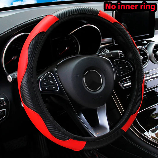 PU Carbon Fiber Leather Steering Wheel Cover — No Inner Ring, Fits 14.5-15 Inch Cars