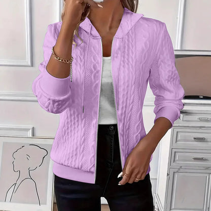Women’s Solid Color Knitted Zip-Up Hooded Sweatshirt Jacket – Long Sleeve Slim Fit Casual Autumn Winter Warm Coat Hoodie