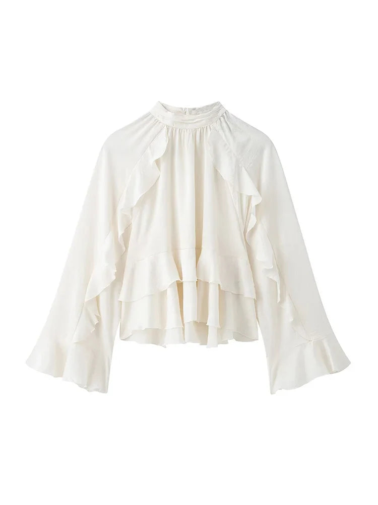 Women’s Long Sleeve Ruffled Blouse – Stand Collar Elegant Chic Fashion Shirt