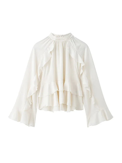 Women’s Long Sleeve Ruffled Blouse – Stand Collar Elegant Chic Fashion Shirt
