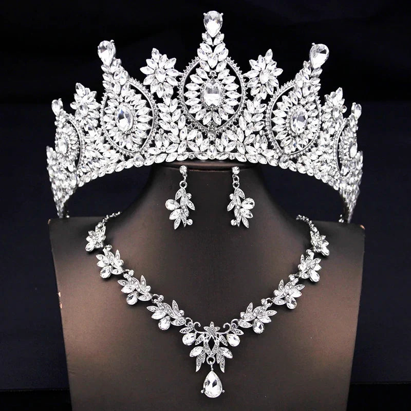 Rhinestone Bridal Tiara Jewelry Set - Wedding Crown with Necklace and Earrings for Women