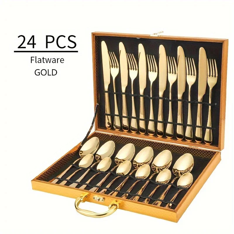 24-Piece Stainless Steel Black Flatware Set — Elegant Knife, Fork & Spoon Cutlery with Mirror Polish, Gold Accents, Dishwasher Safe
