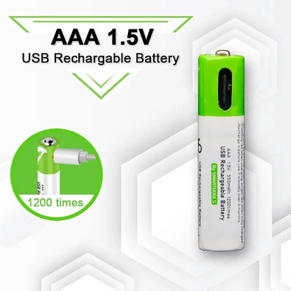 High-Capacity 1.5V AAA 750 mWh USB Rechargeable Li-Ion Battery - Cable, Ideal for Remote Controls and Wireless Mice