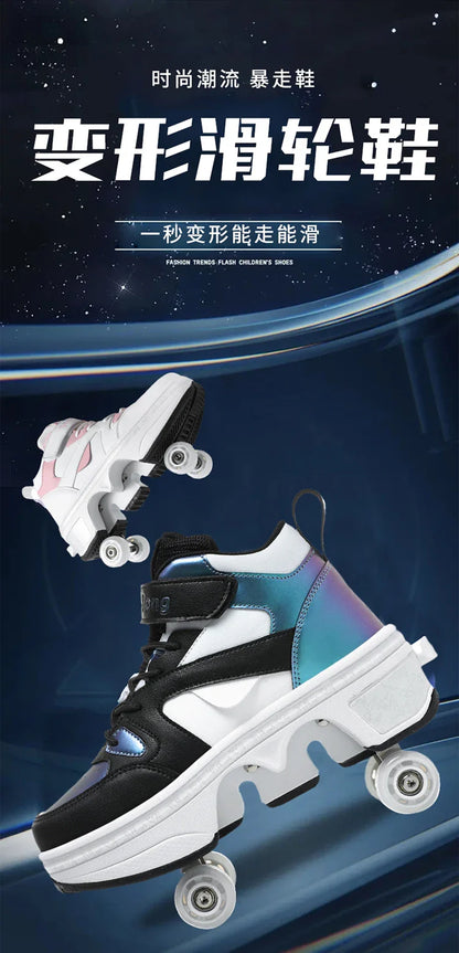 Women's High-Top 4-Wheel Roller Shoes – Fashionable Unisex Pop-Up Sneakers with Wheels, Dual-Purpose Skating & Casual Shoes