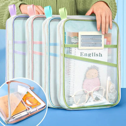 A4 Double Layer Mesh Zipper Storage Bag – Large Capacity Stationery Organizer Folder for School and Office Supplies