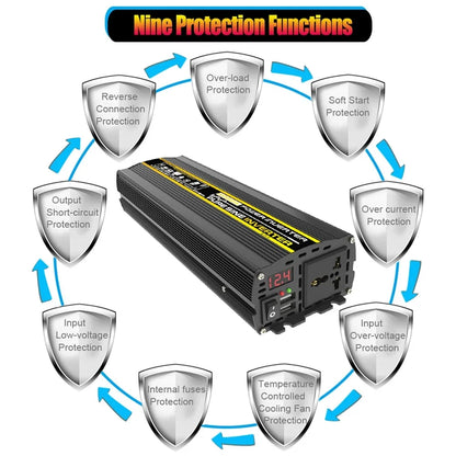 3000W-8000W Pure Sine Wave Power Inverter — DC 12V to AC 220V with Digital Display