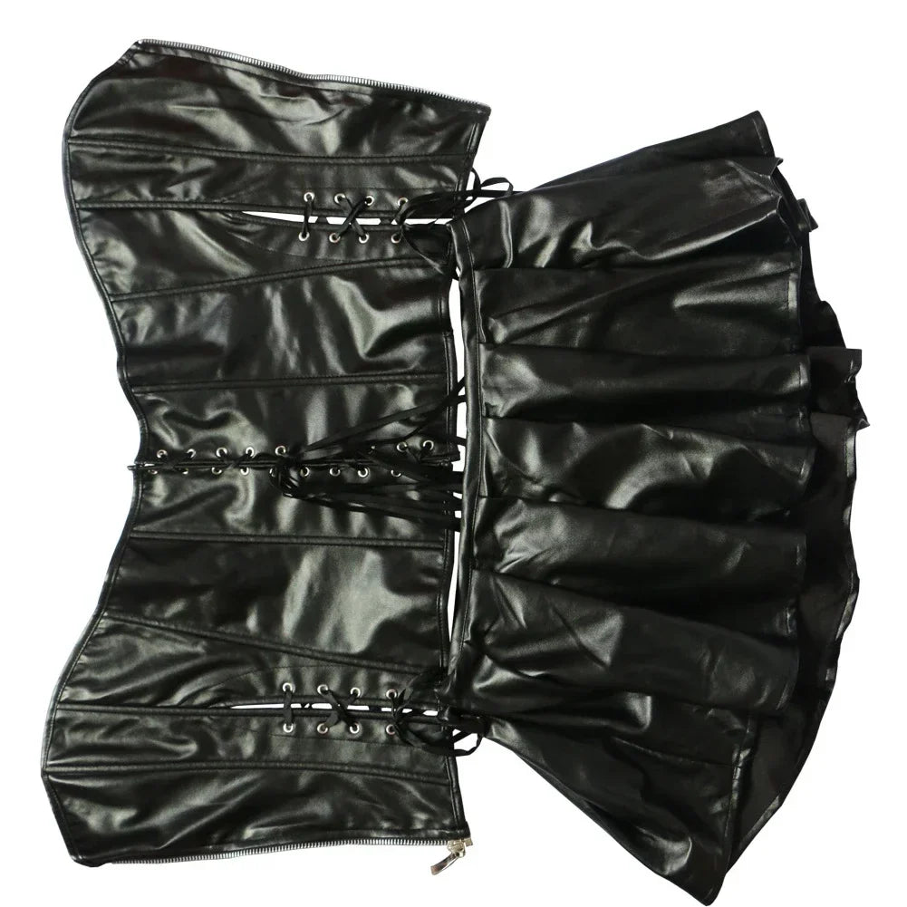 Gothic Leather Corset Dress - Overbust Bustier with Front Zipper, Lace-Up Back & Steampunk Style